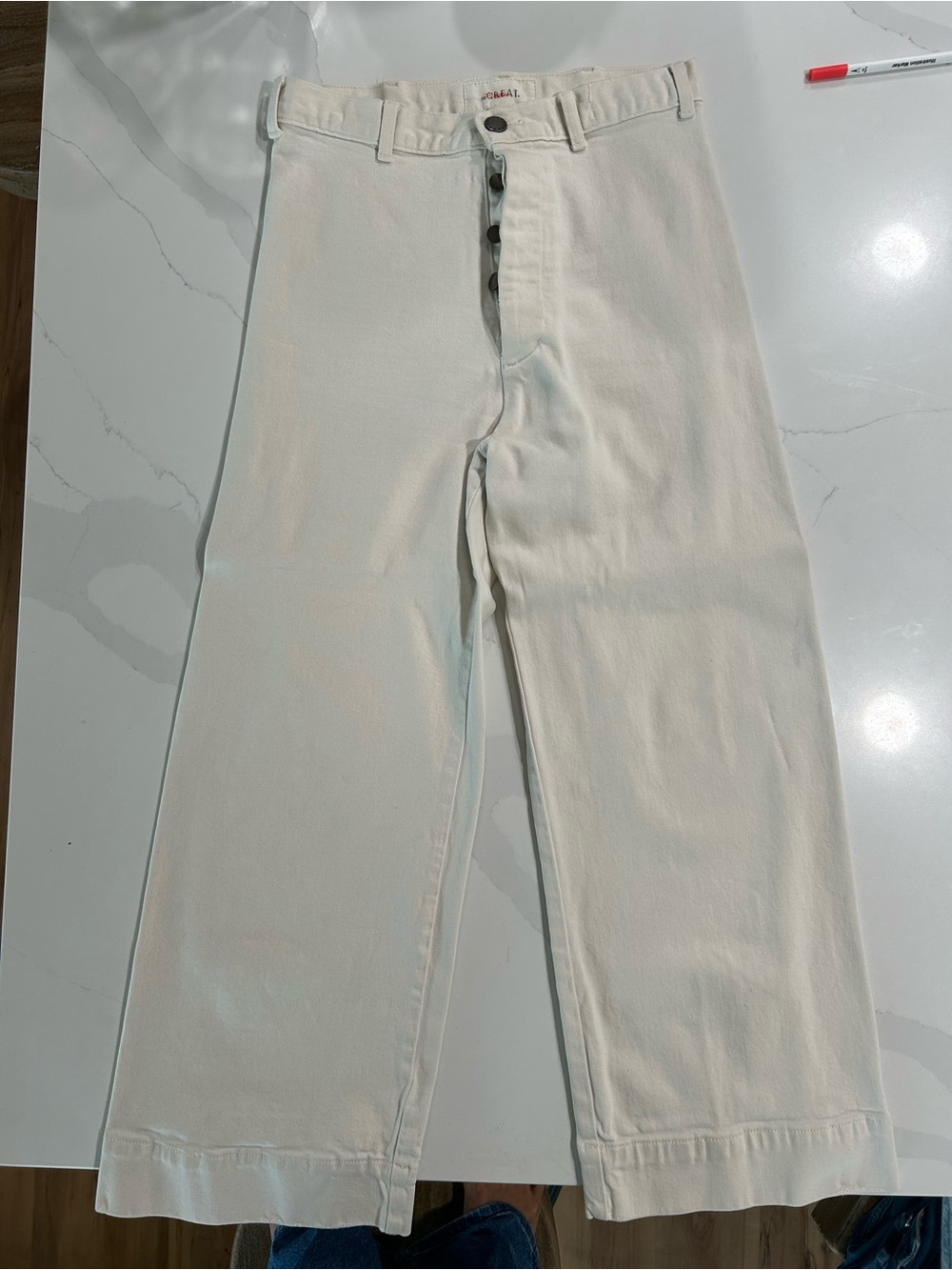 THE GREAT. Cream High-Rise Wide-Leg Button-Fly Jeans